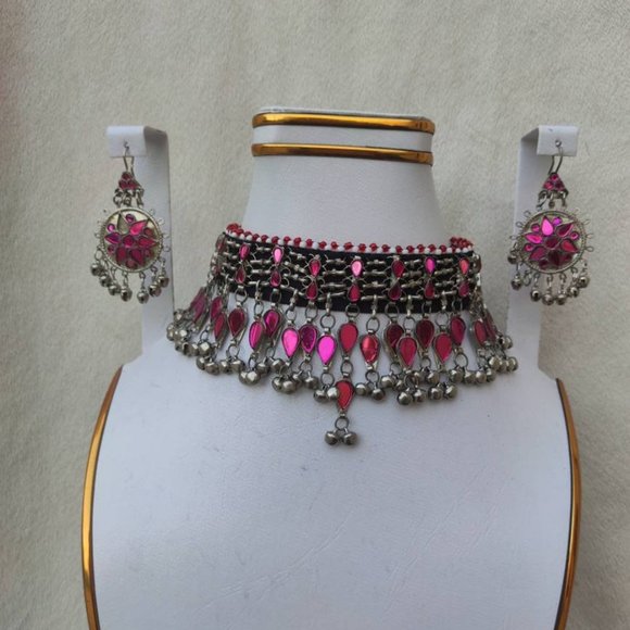Pink beaded choker set -handmade afghani necklace and earrings set - Picture 1 of 10